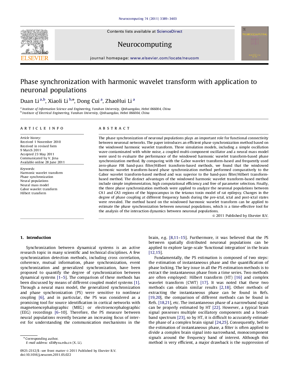 Phase synchronization with harmonic wavelet transform with application to neuronal populations