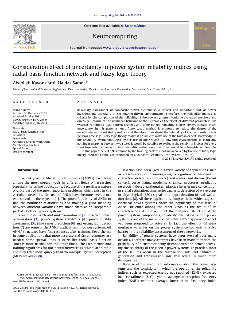 Consideration effect of uncertainty in power system reliability indices using radial basis function network and fuzzy logic theory