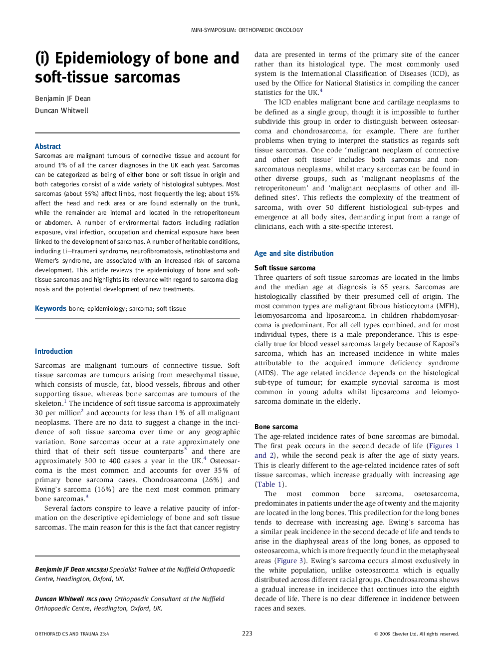 (i) Epidemiology of bone and soft-tissue sarcomas