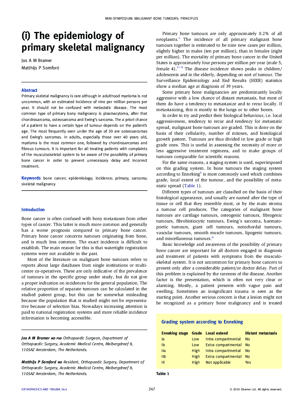 (i) The epidemiology of primary skeletal malignancy