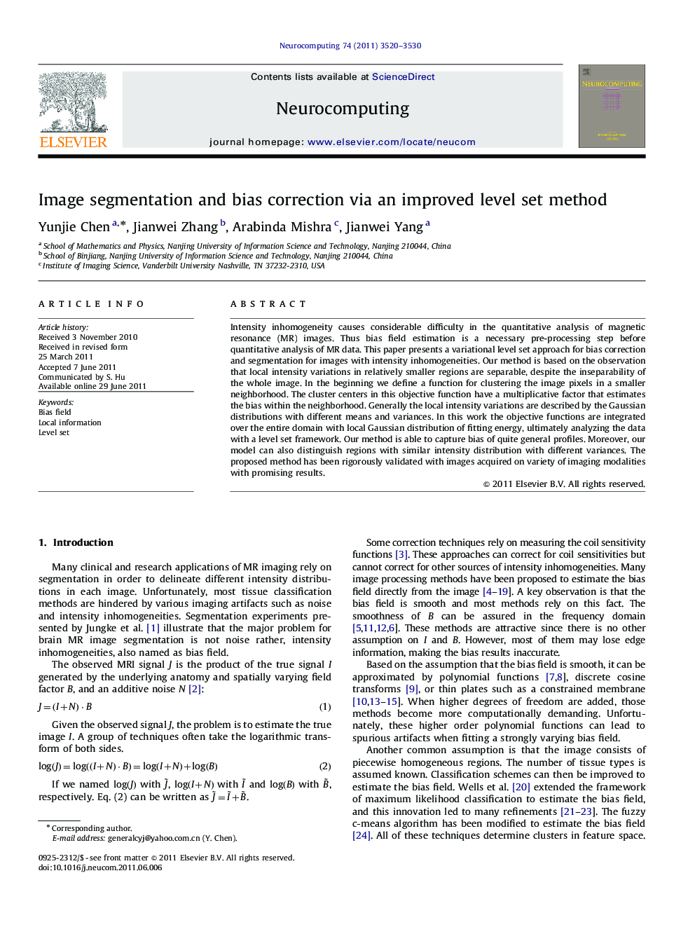 Image segmentation and bias correction via an improved level set method