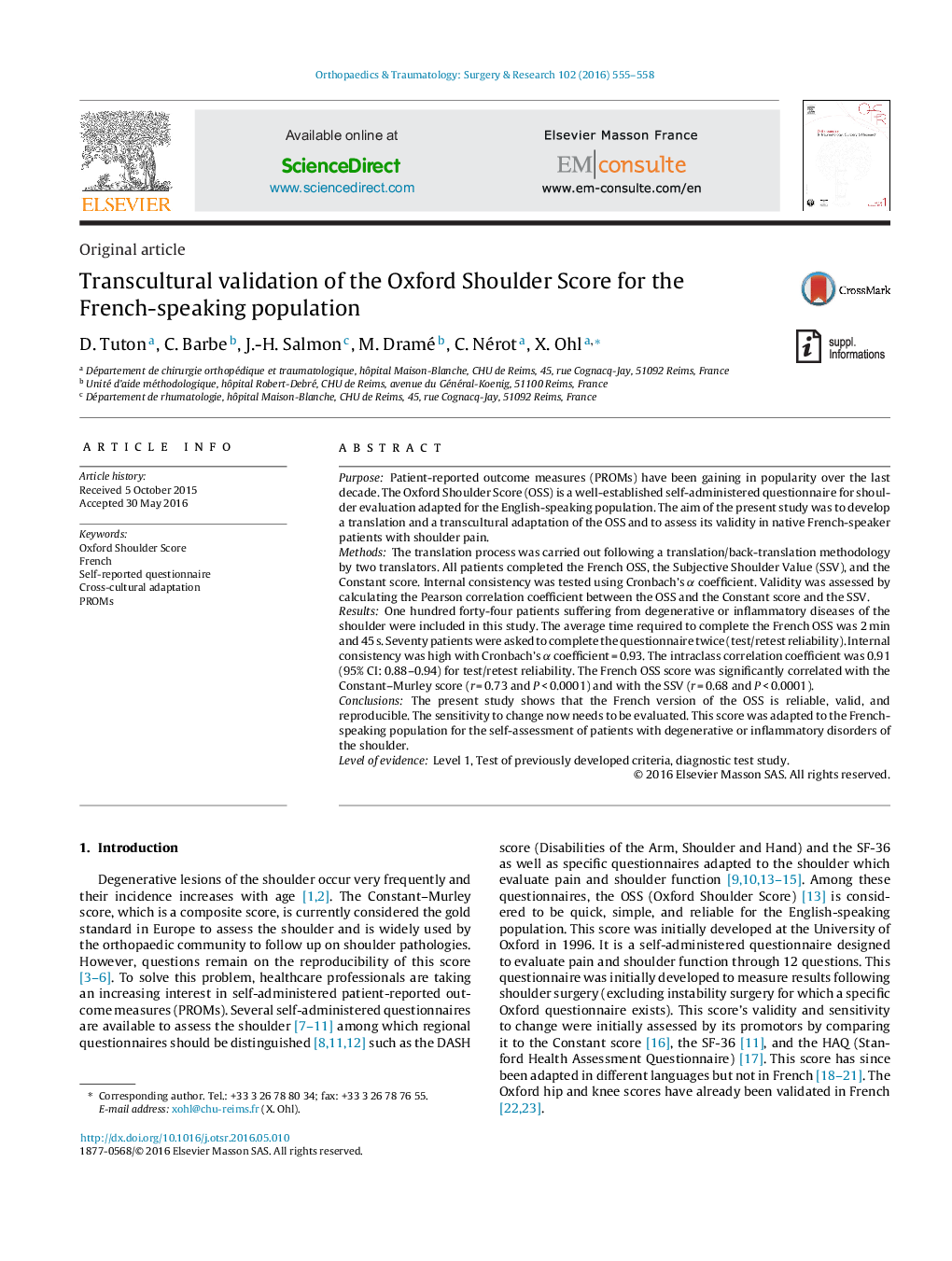 Transcultural validation of the Oxford Shoulder Score for the French-speaking population