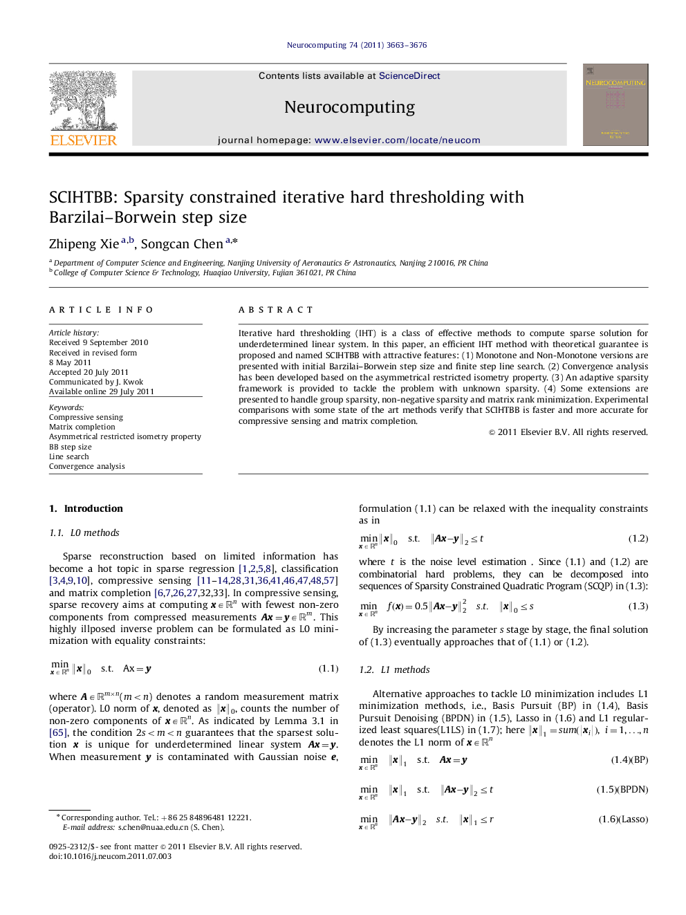 عکس صفحه اول مقاله: SCIHTBB: Sparsity constrained iterative hard thresholding with Barzilai–Borwein step size SCIHTBB: Sparsity constrained iterative hard thresholding with Barzilai–Borwein step size