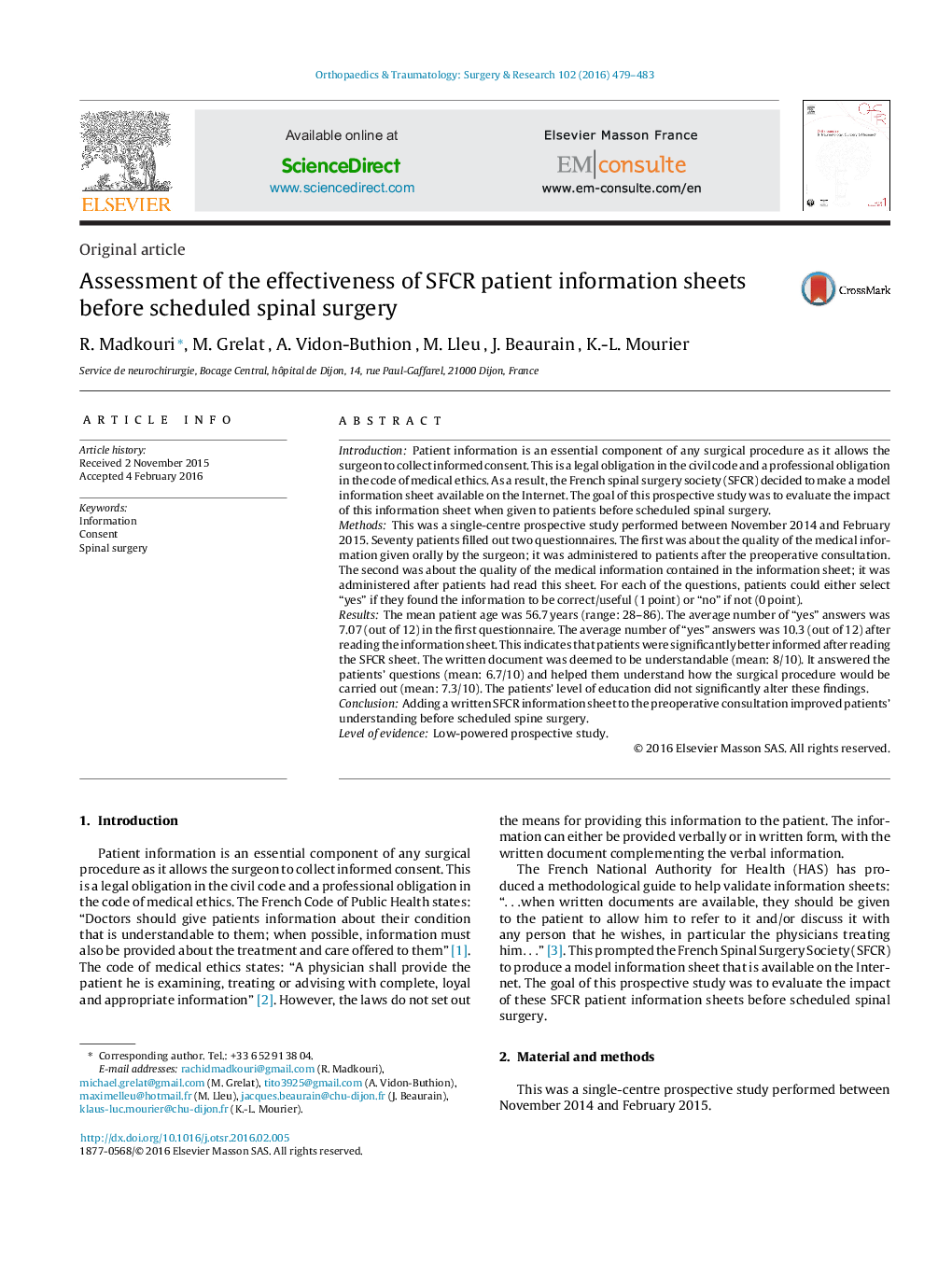 Assessment of the effectiveness of SFCR patient information sheets before scheduled spinal surgery