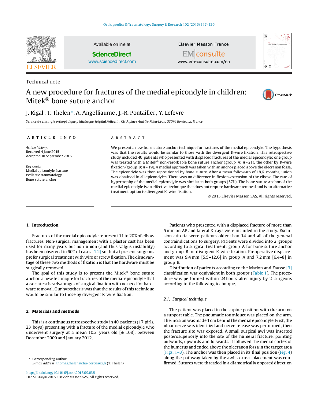 A new procedure for fractures of the medial epicondyle in children: Mitek® bone suture anchor