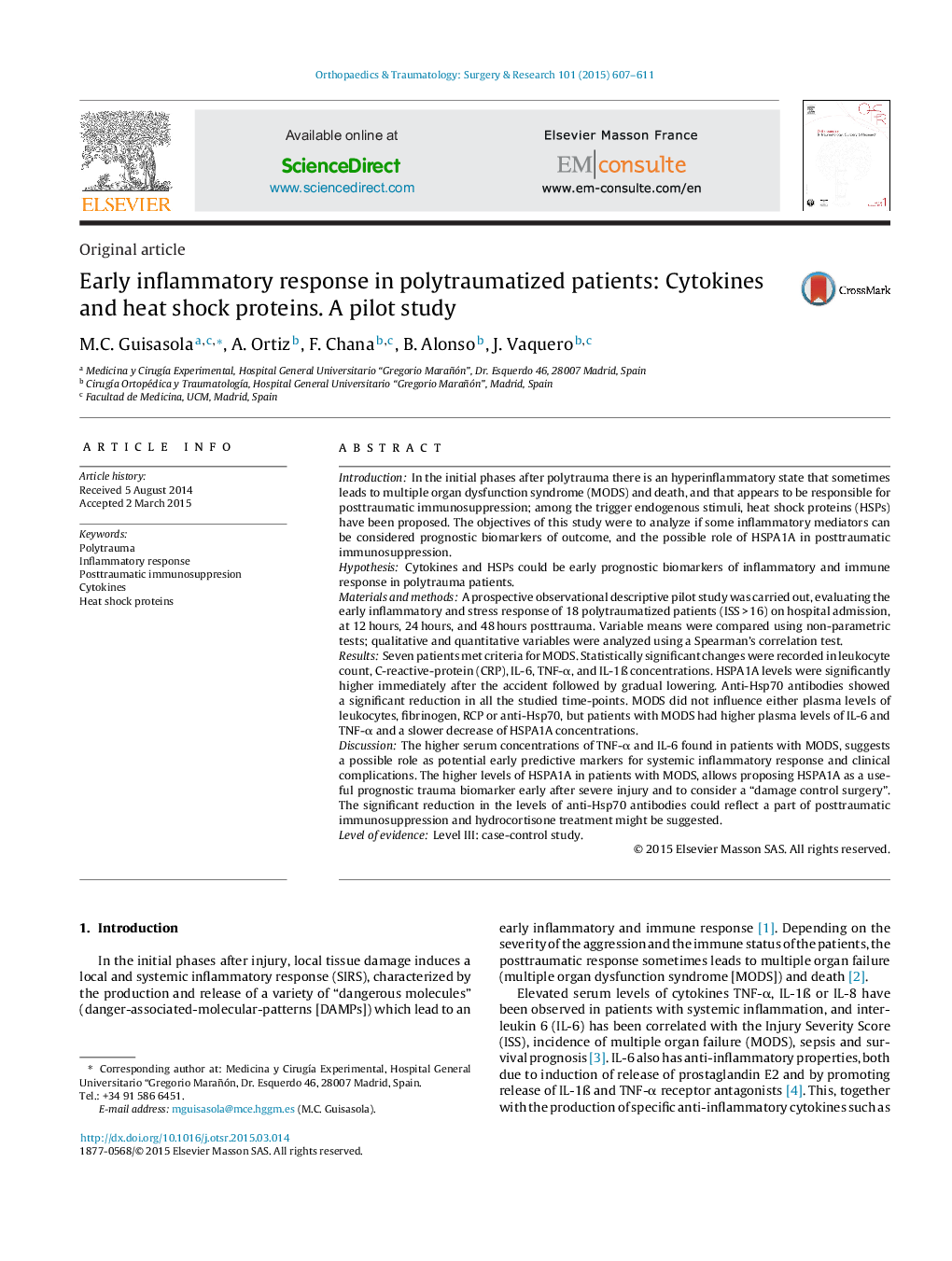 Early inflammatory response in polytraumatized patients: Cytokines and heat shock proteins. A pilot study