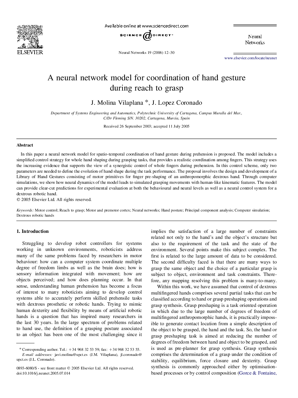 A neural network model for coordination of hand gesture during reach to grasp