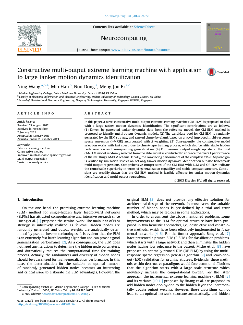 Constructive multi-output extreme learning machine with application to large tanker motion dynamics identification