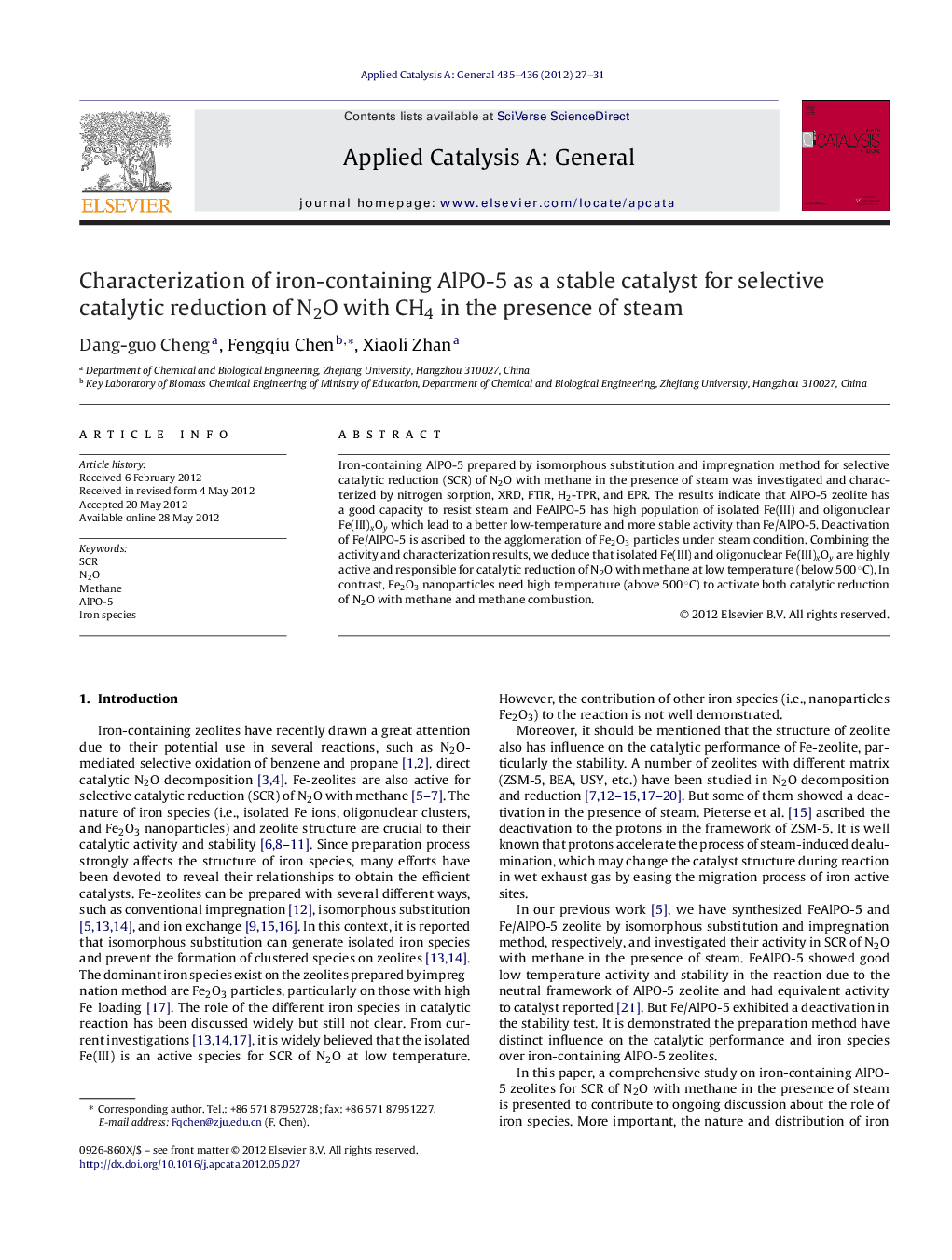 Characterization of iron-containing AlPO-5 as a stable catalyst for selective catalytic reduction of N2O with CH4 in the presence of steam