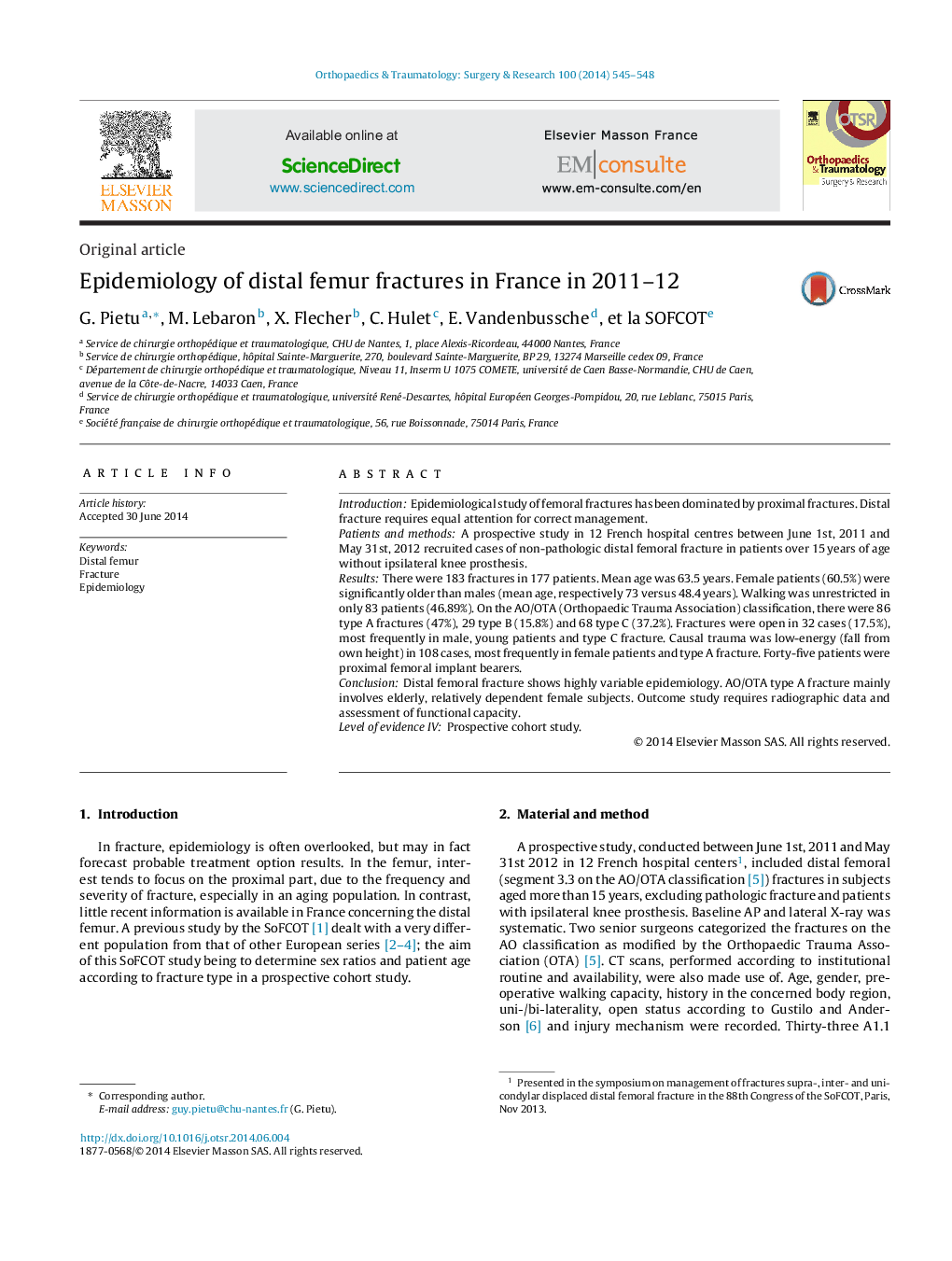 Epidemiology of distal femur fractures in France in 2011–12