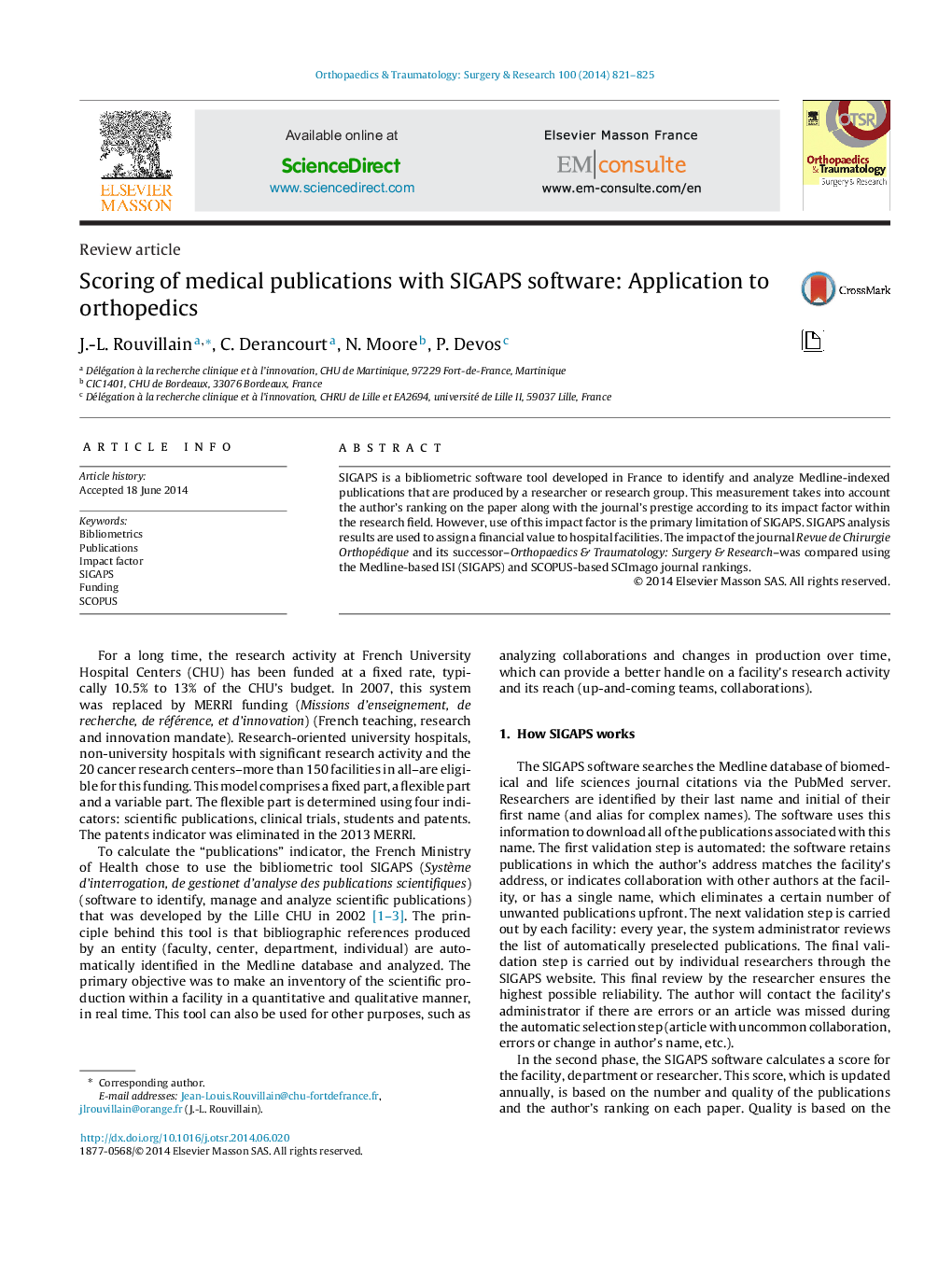 Scoring of medical publications with SIGAPS software: Application to orthopedics