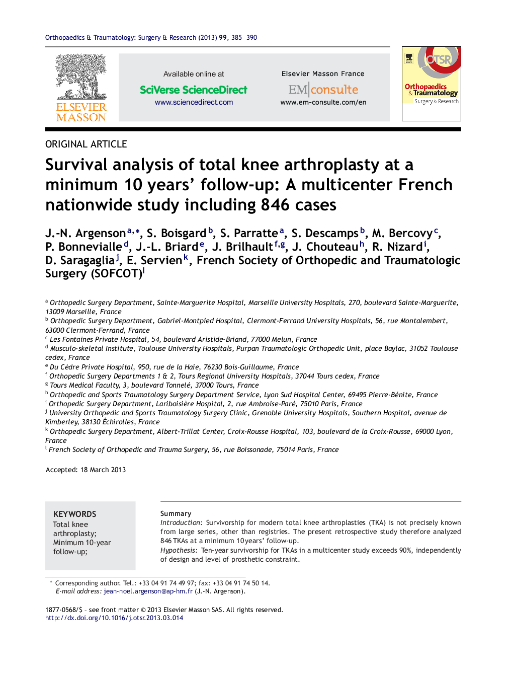 Survival analysis of total knee arthroplasty at a minimum 10 years’ follow-up: A multicenter French nationwide study including 846 cases