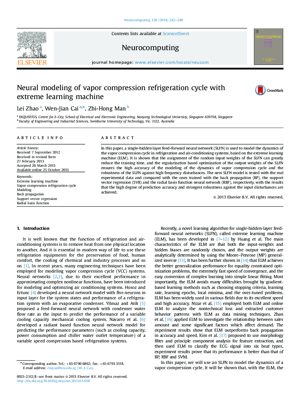 Neural modeling of vapor compression refrigeration cycle with extreme learning machine