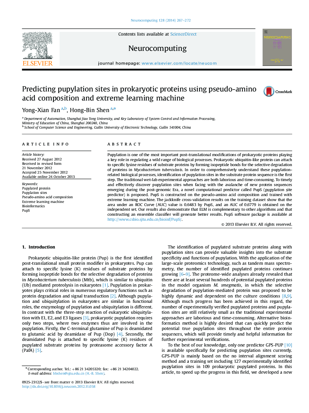 Predicting pupylation sites in prokaryotic proteins using pseudo-amino acid composition and extreme learning machine