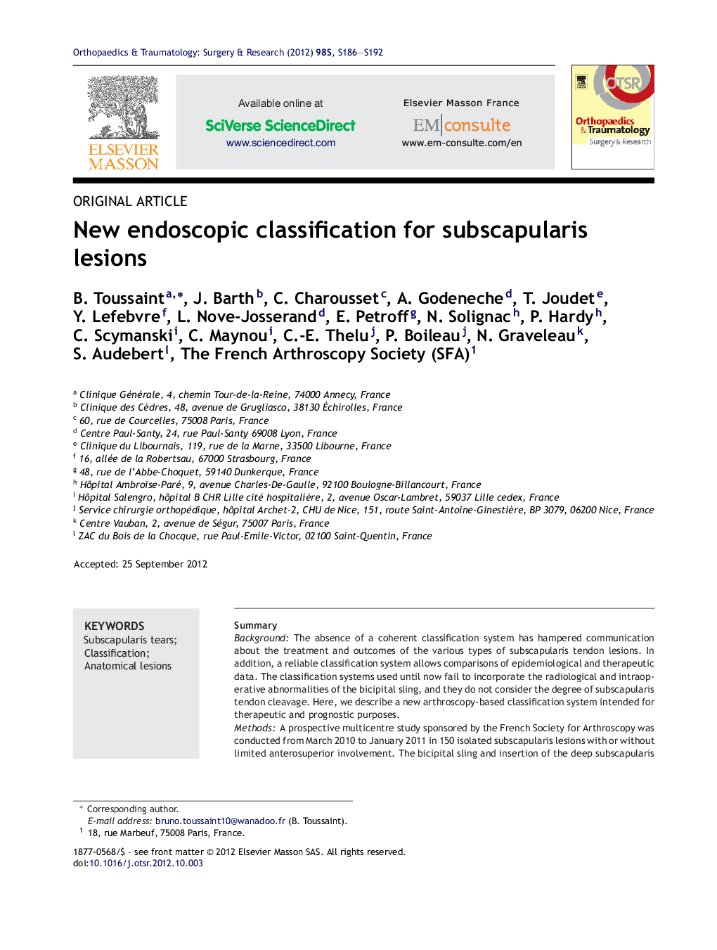 New endoscopic classification for subscapularis lesions