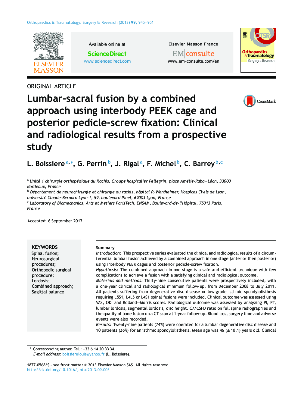 Lumbar-sacral fusion by a combined approach using interbody PEEK cage and posterior pedicle-screw fixation: Clinical and radiological results from a prospective study