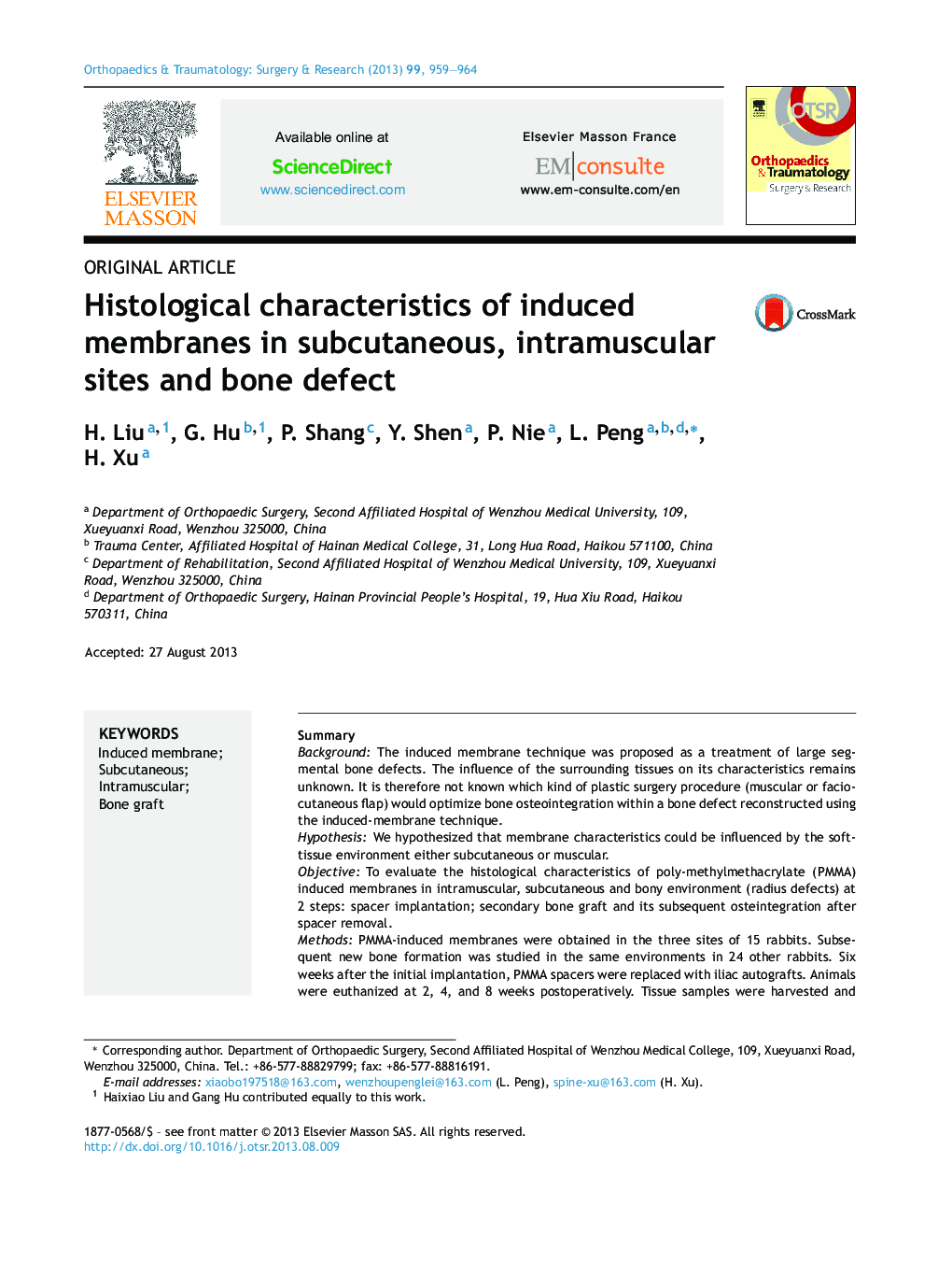 Histological characteristics of induced membranes in subcutaneous, intramuscular sites and bone defect