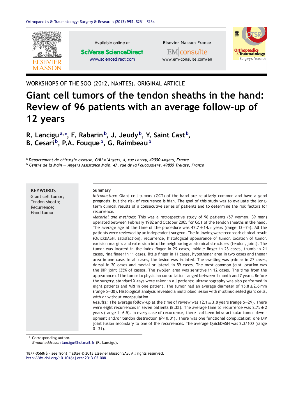 Giant cell tumors of the tendon sheaths in the hand: Review of 96 patients with an average follow-up of 12 years