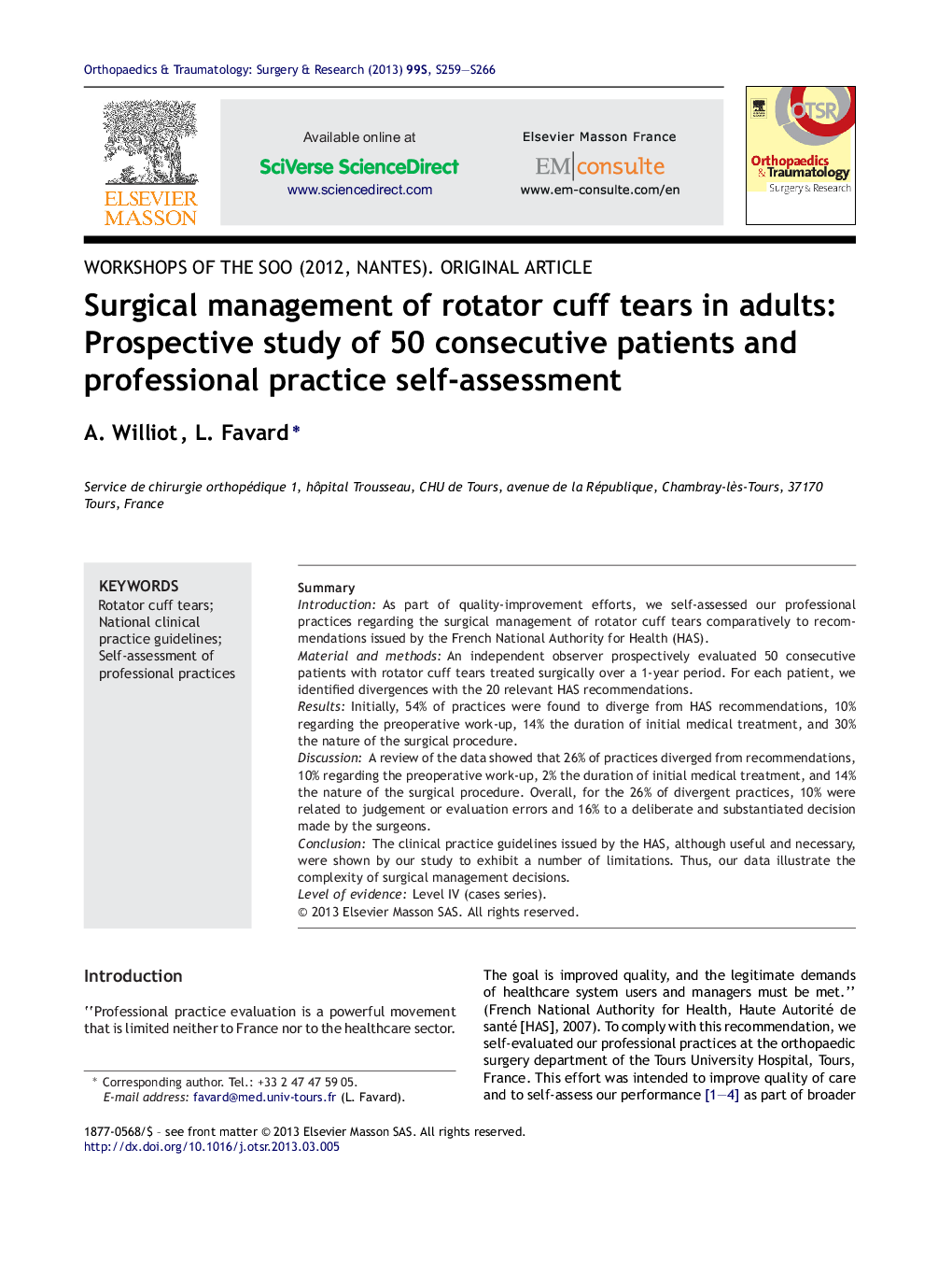 Surgical management of rotator cuff tears in adults: Prospective study of 50 consecutive patients and professional practice self-assessment