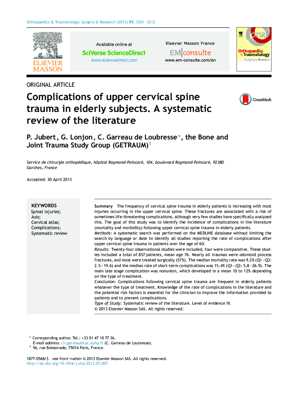 Complications of upper cervical spine trauma in elderly subjects. A systematic review of the literature