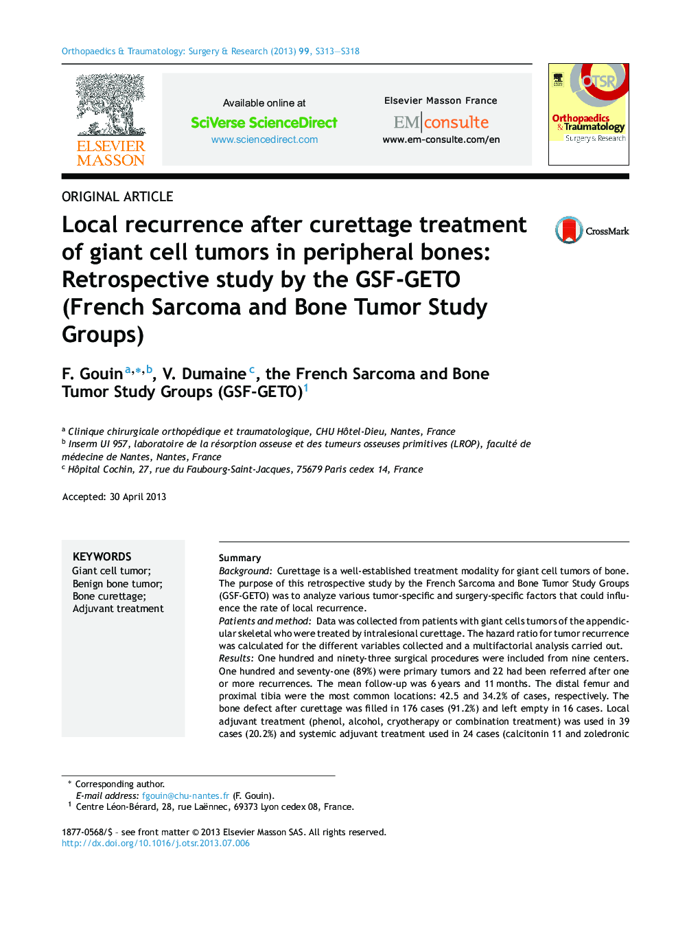 Local recurrence after curettage treatment of giant cell tumors in peripheral bones: Retrospective study by the GSF-GETO (French Sarcoma and Bone Tumor Study Groups)