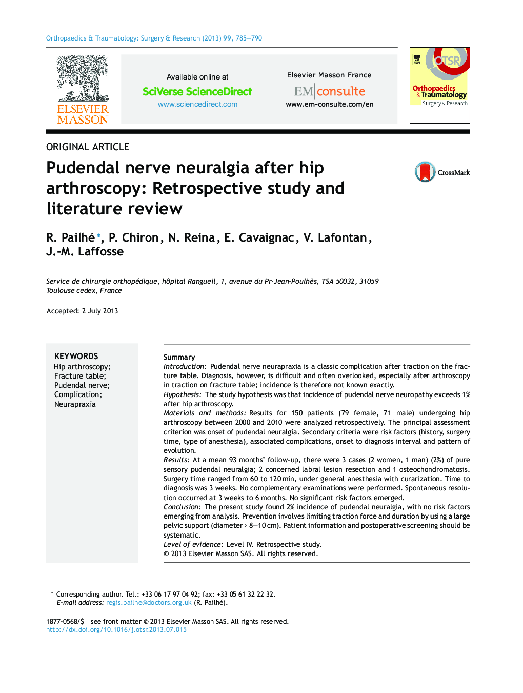 Pudendal nerve neuralgia after hip arthroscopy: Retrospective study and literature review