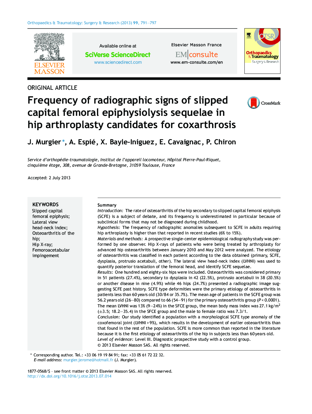 Frequency of radiographic signs of slipped capital femoral epiphysiolysis sequelae in hip arthroplasty candidates for coxarthrosis