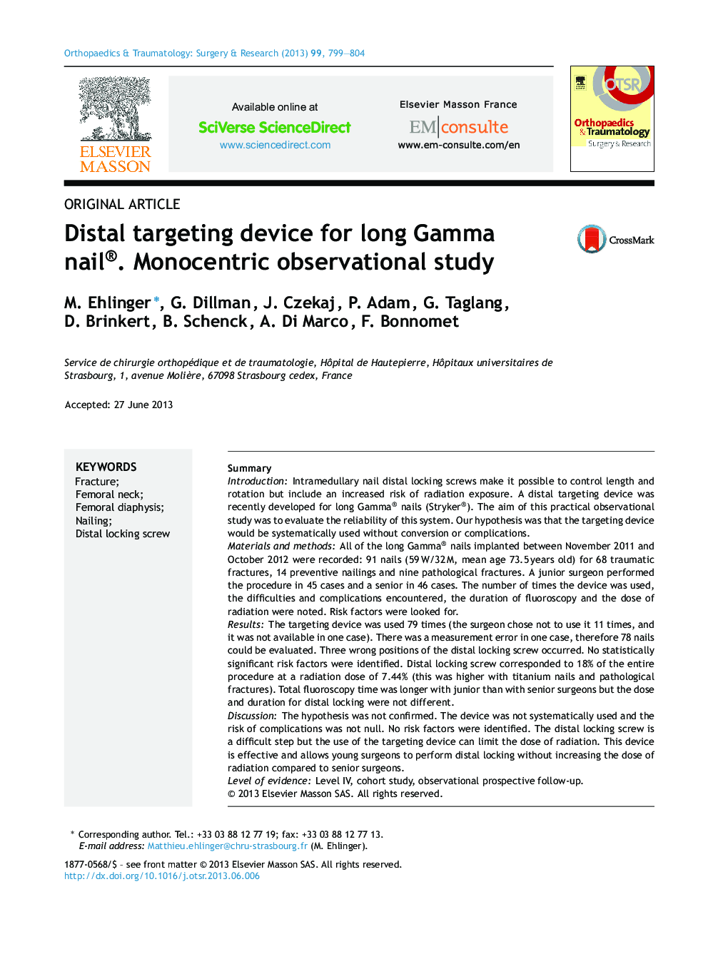 Distal targeting device for long Gamma nail®. Monocentric observational study