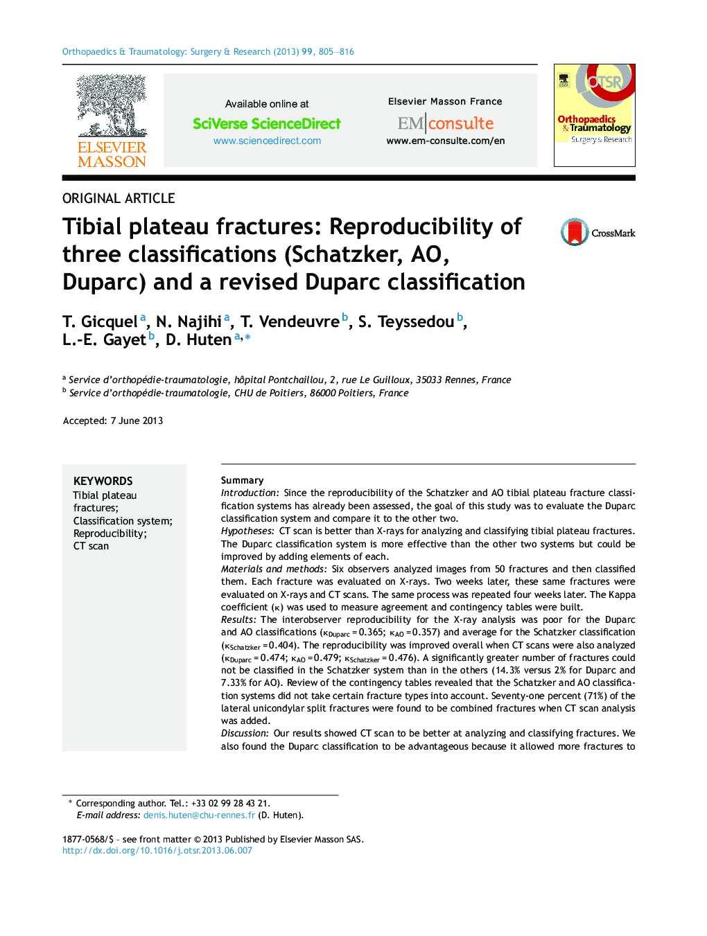 Tibial plateau fractures: Reproducibility of three classifications (Schatzker, AO, Duparc) and a revised Duparc classification