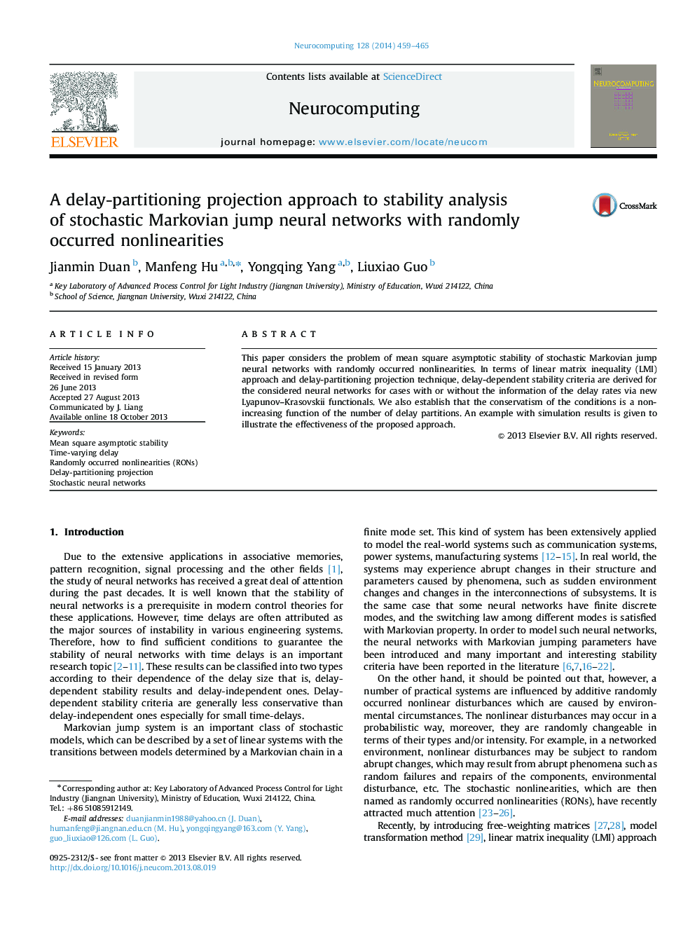 A delay-partitioning projection approach to stability analysis of stochastic Markovian jump neural networks with randomly occurred nonlinearities