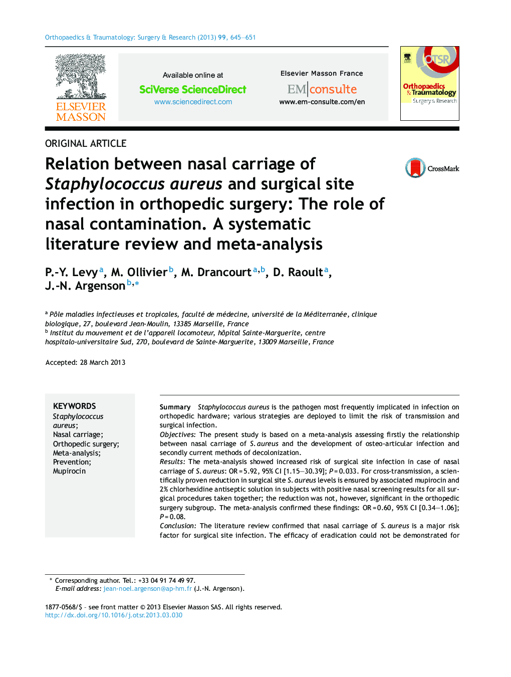 Relation between nasal carriage of Staphylococcus aureus and surgical site infection in orthopedic surgery: The role of nasal contamination. A systematic literature review and meta-analysis