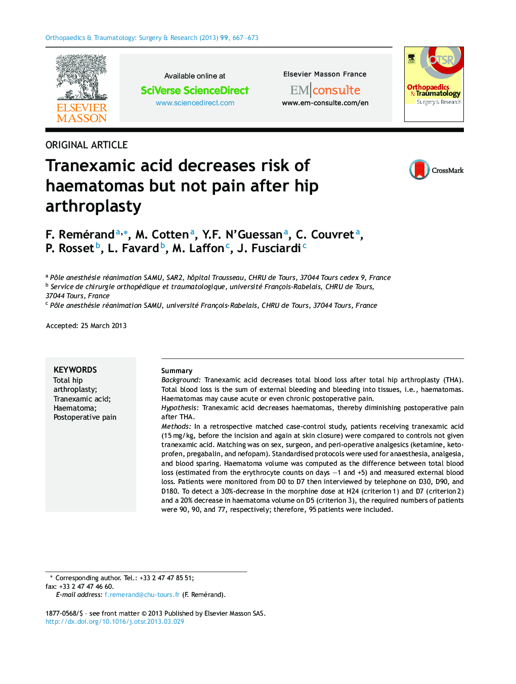 Tranexamic acid decreases risk of haematomas but not pain after hip arthroplasty