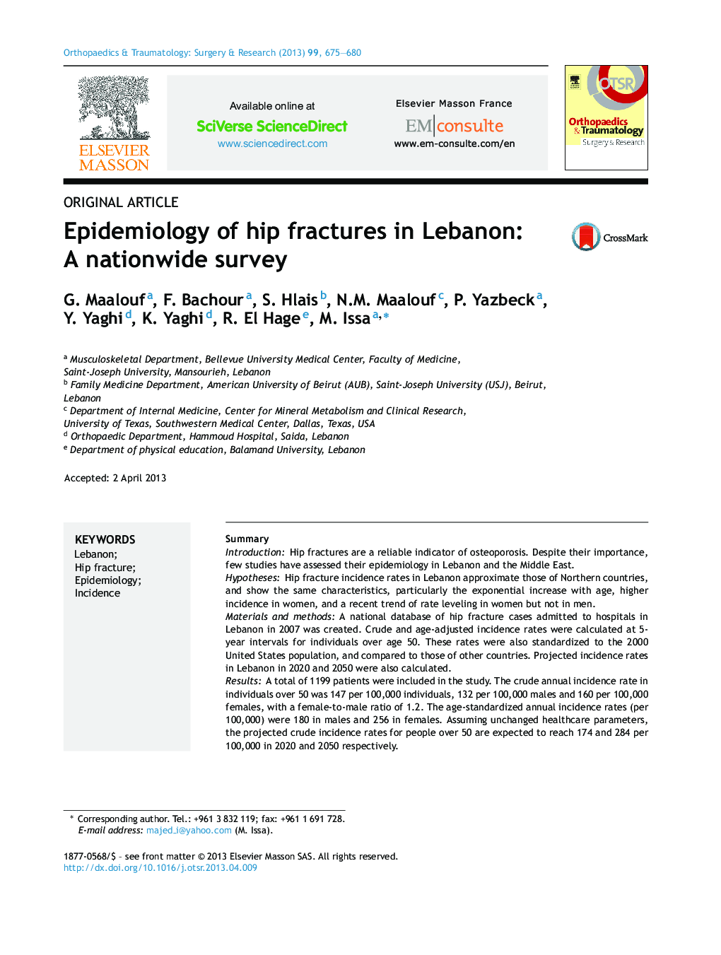 Epidemiology of hip fractures in Lebanon: A nationwide survey