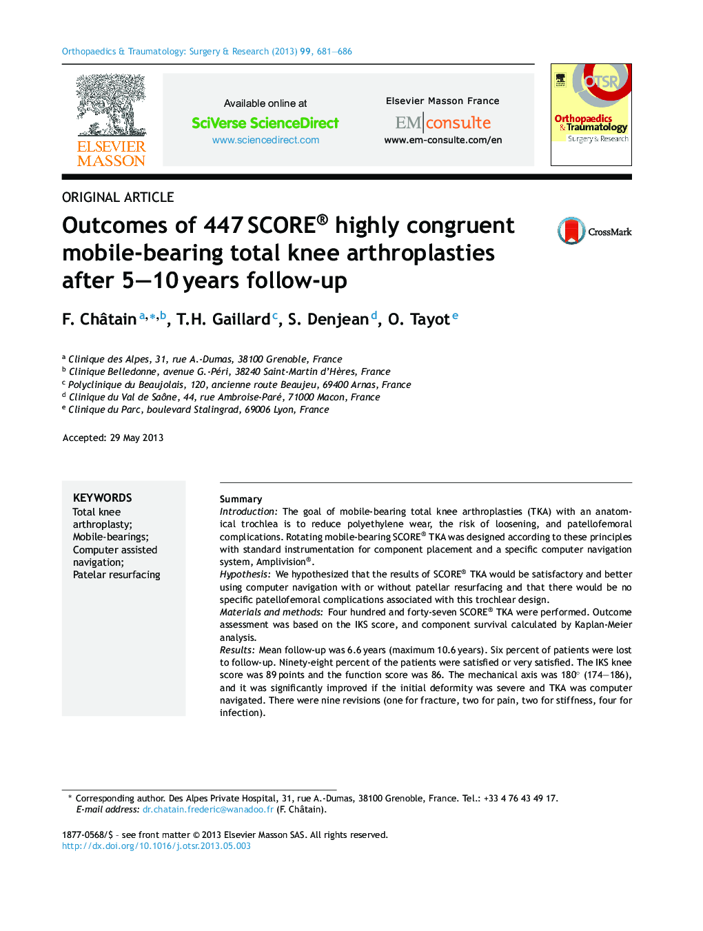 Outcomes of 447 SCORE® highly congruent mobile-bearing total knee arthroplasties after 5–10 years follow-up