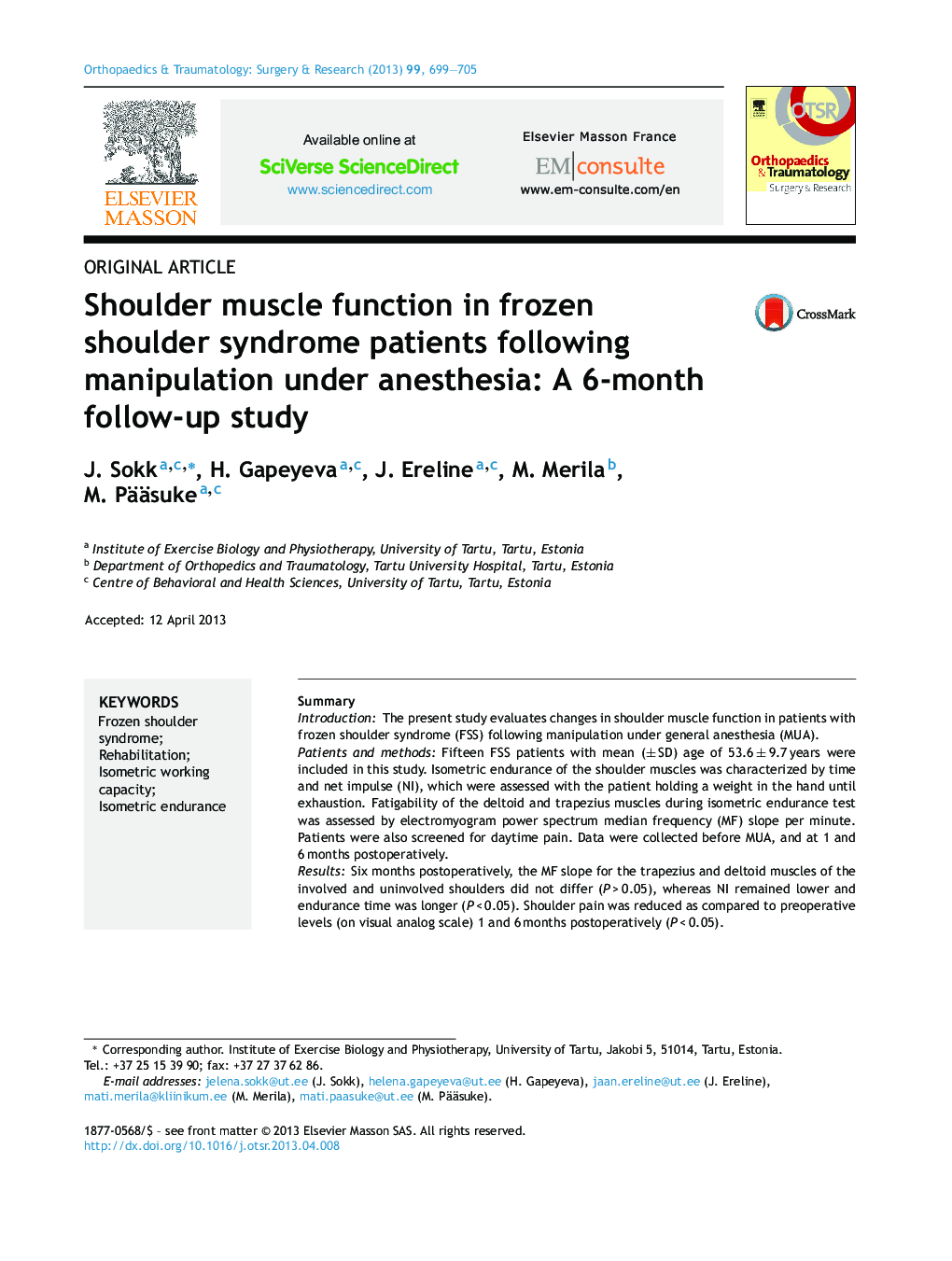 Shoulder muscle function in frozen shoulder syndrome patients following manipulation under anesthesia: A 6-month follow-up study