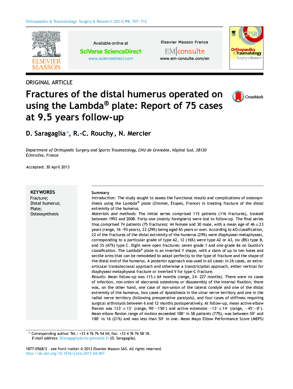 Fractures of the distal humerus operated on using the Lambda® plate: Report of 75 cases at 9.5 years follow-up