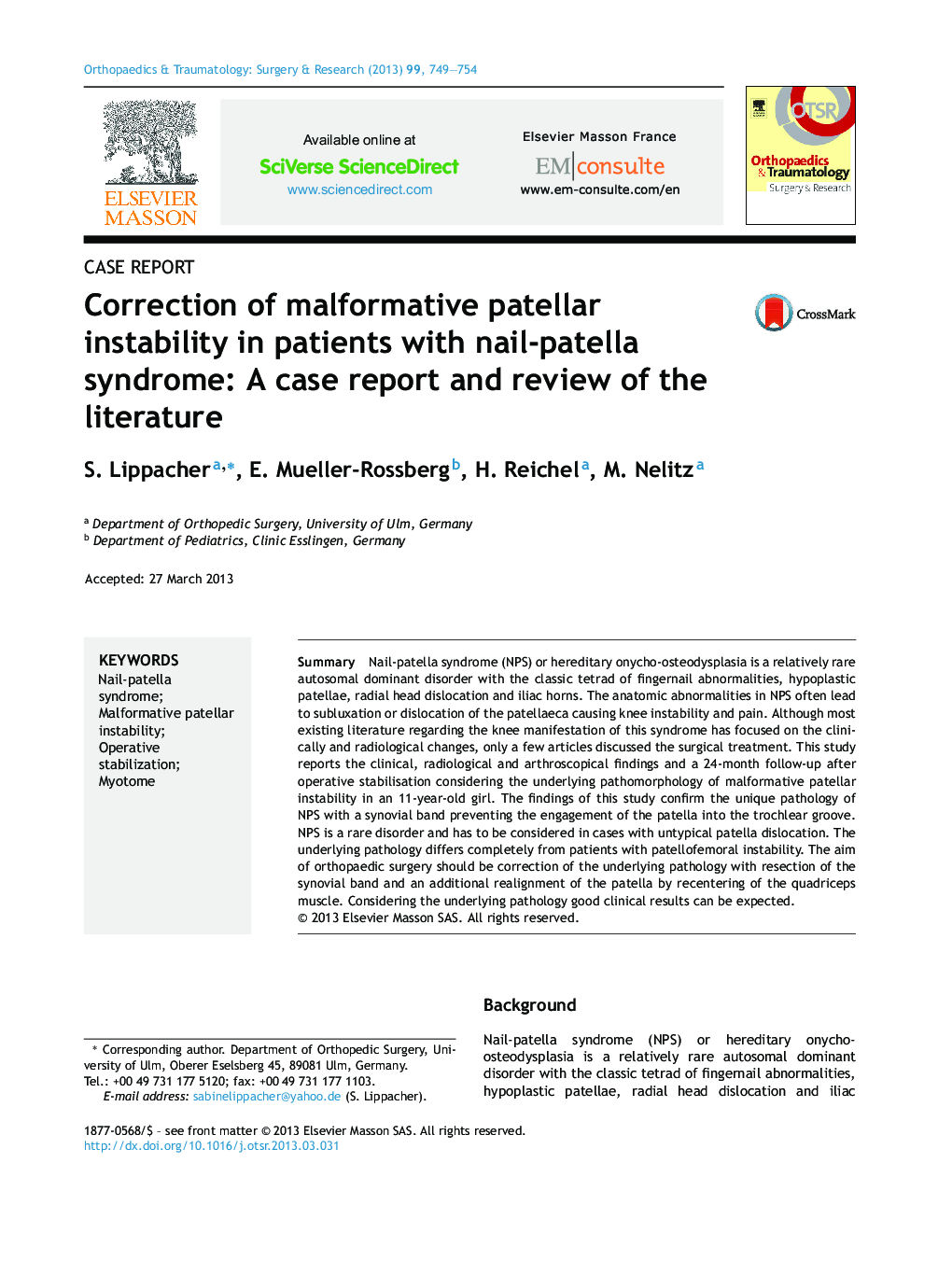 Correction of malformative patellar instability in patients with nail-patella syndrome: A case report and review of the literature