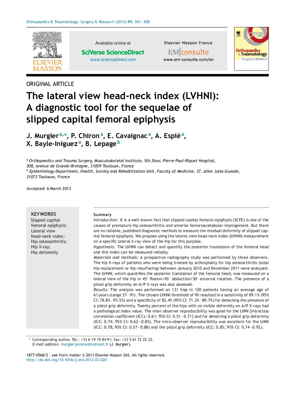 The lateral view head-neck index (LVHNI): A diagnostic tool for the sequelae of slipped capital femoral epiphysis