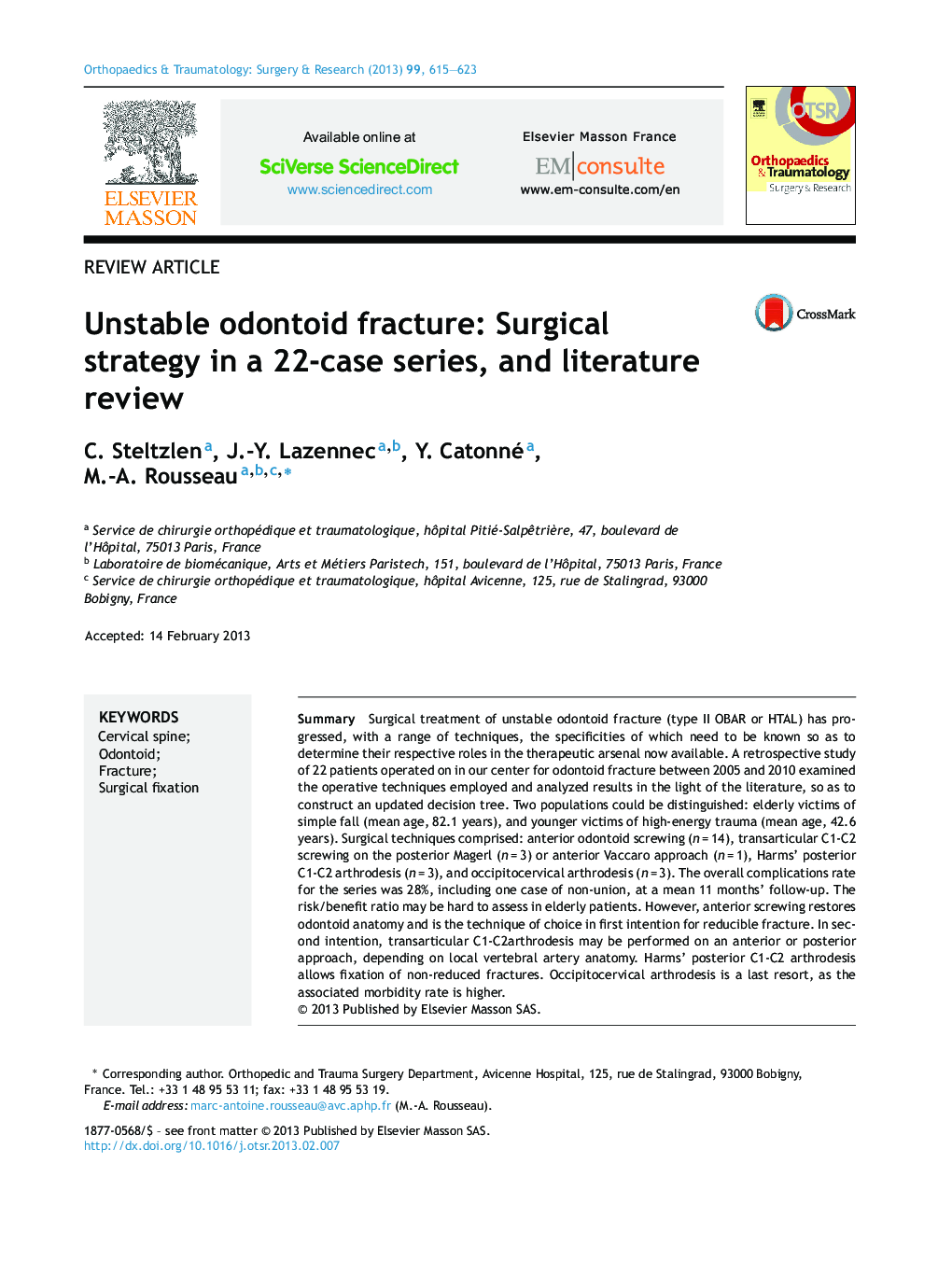 Unstable odontoid fracture: Surgical strategy in a 22-case series, and literature review