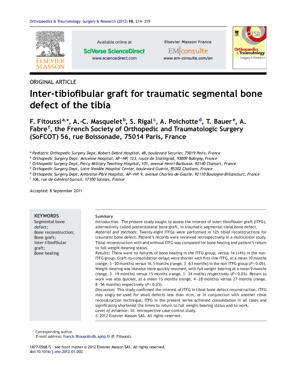 Inter-tibiofibular graft for traumatic segmental bone defect of the tibia