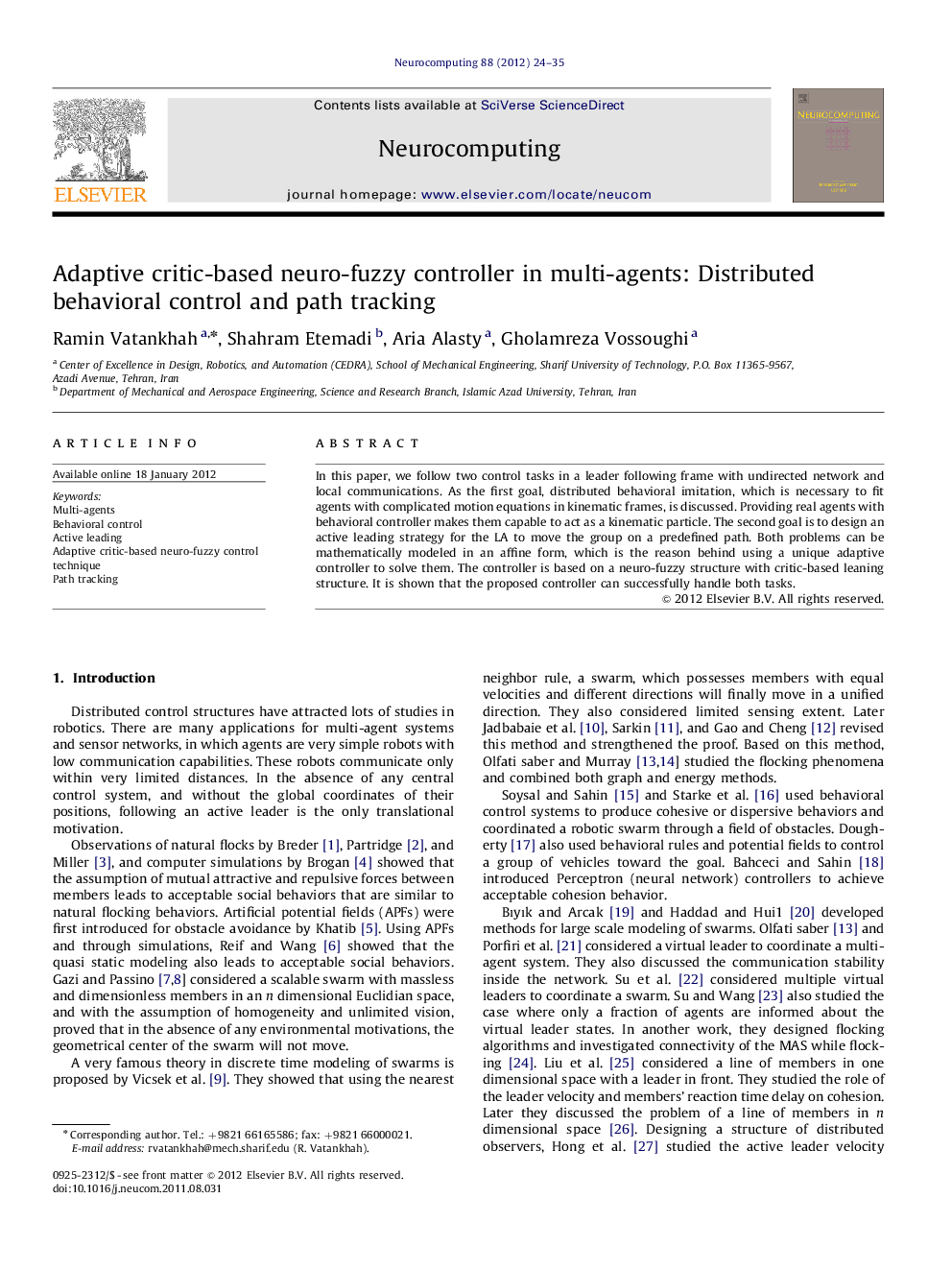 Adaptive critic-based neuro-fuzzy controller in multi-agents: Distributed behavioral control and path tracking