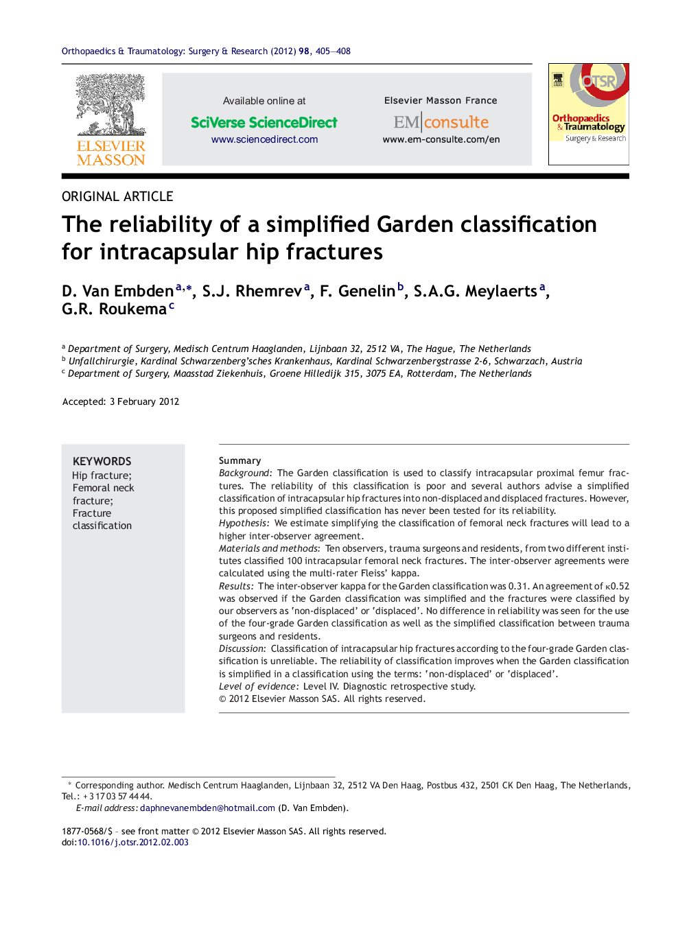 The reliability of a simplified Garden classification for intracapsular hip fractures