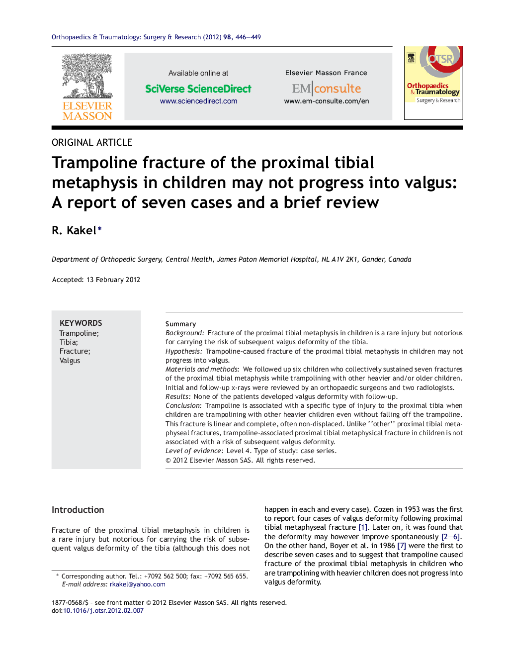 Trampoline fracture of the proximal tibial metaphysis in children may not progress into valgus: A report of seven cases and a brief review