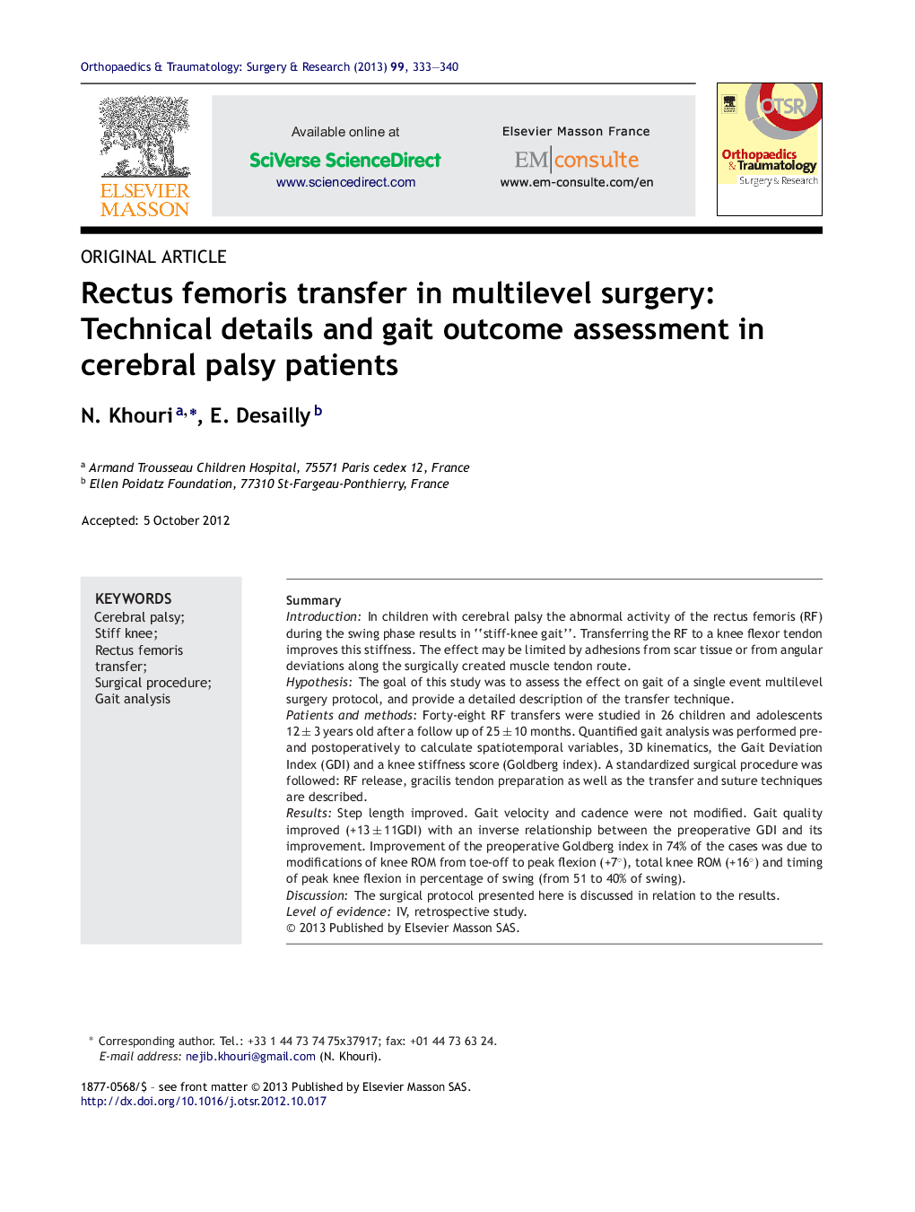 Rectus femoris transfer in multilevel surgery: Technical details and gait outcome assessment in cerebral palsy patients