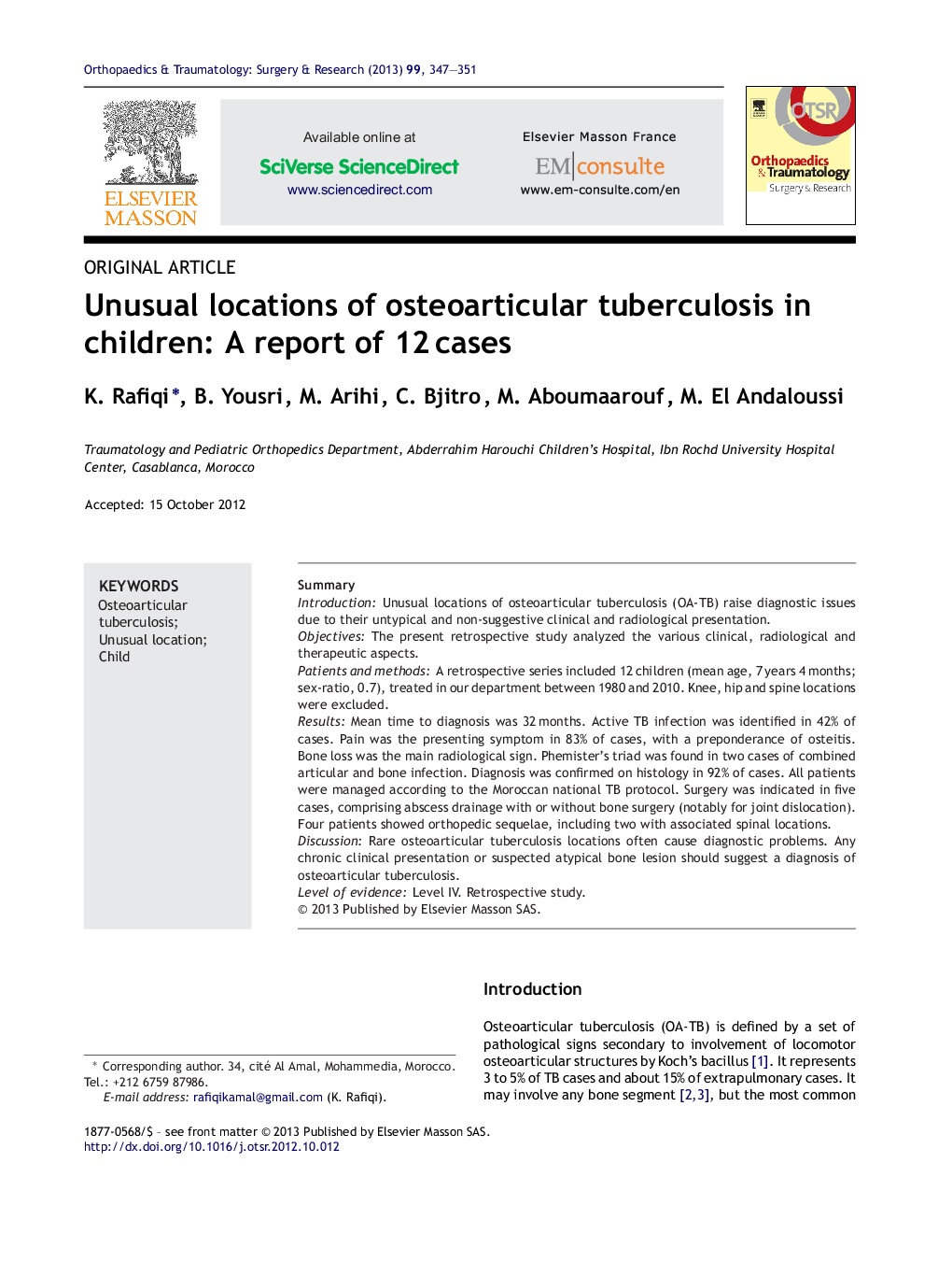 Unusual locations of osteoarticular tuberculosis in children: A report of 12 cases