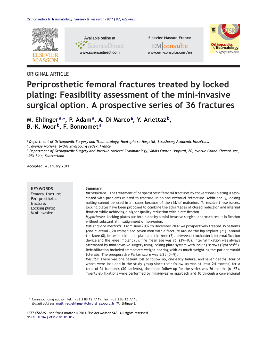 Periprosthetic femoral fractures treated by locked plating: Feasibility assessment of the mini-invasive surgical option. A prospective series of 36 fractures