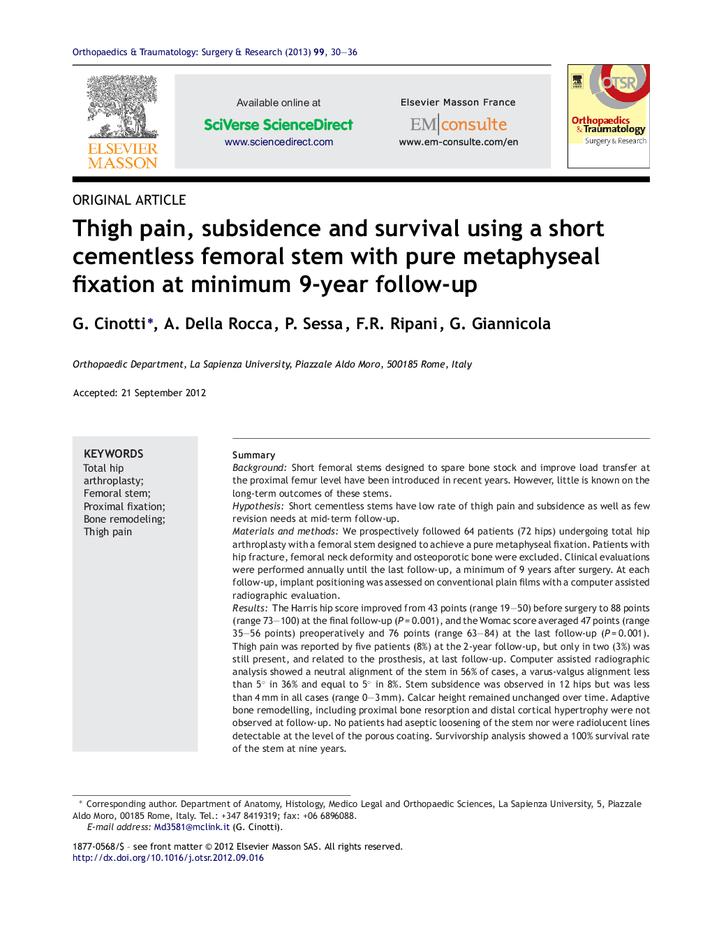 Thigh pain, subsidence and survival using a short cementless femoral stem with pure metaphyseal fixation at minimum 9-year follow-up