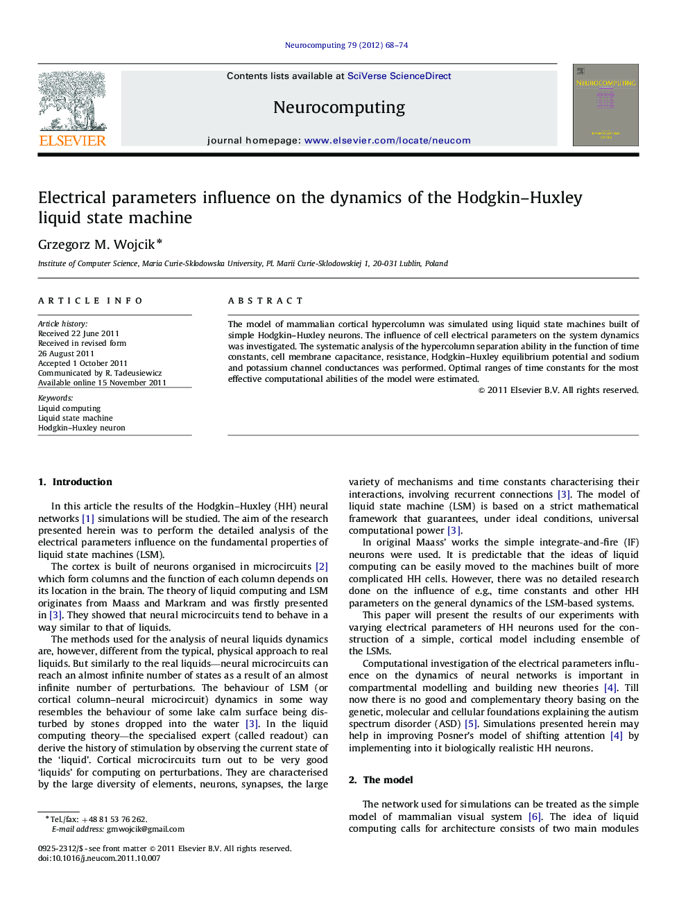 Electrical parameters influence on the dynamics of the Hodgkin–Huxley liquid state machine