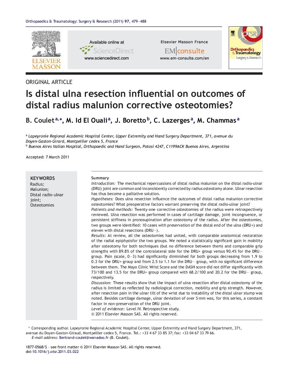 Is distal ulna resection influential on outcomes of distal radius malunion corrective osteotomies?