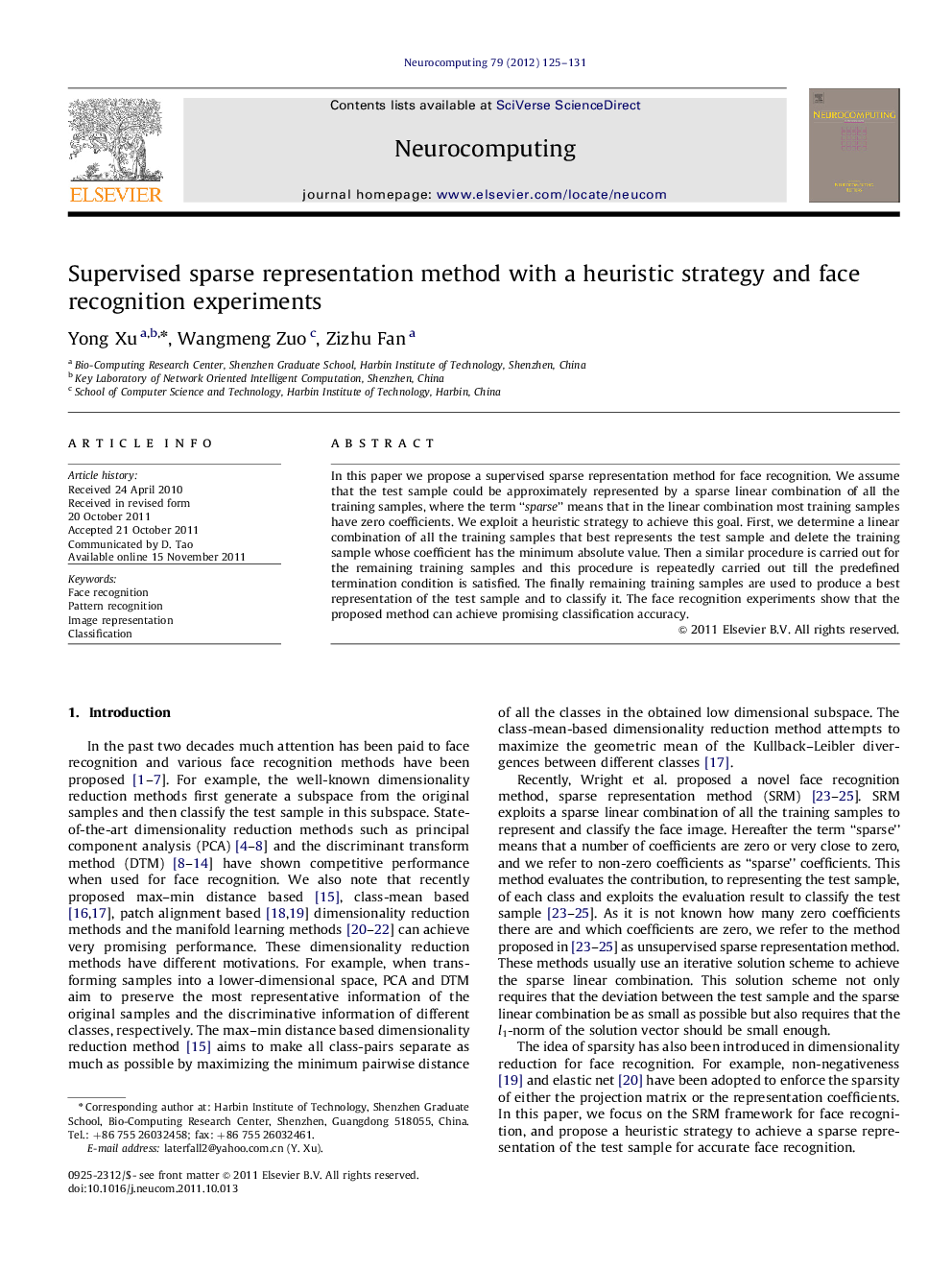 Supervised sparse representation method with a heuristic strategy and face recognition experiments